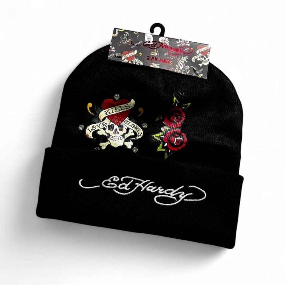 Ed Hardy Black Beanie with Colorful Tattoo Design